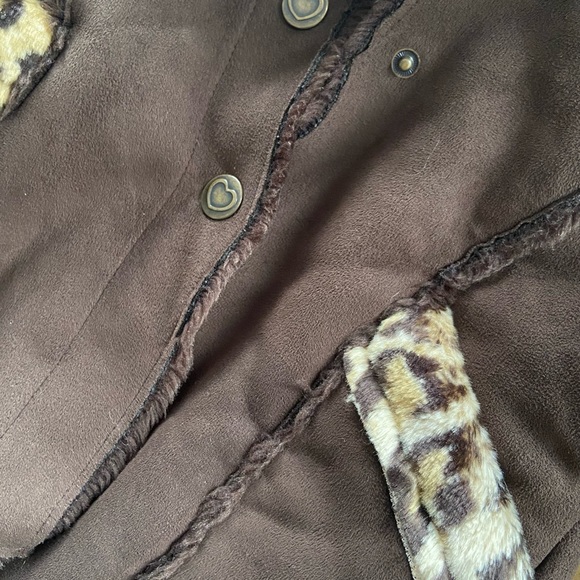 OshKosh B’gosh Girls Winter Coat Brown Leopard Trim Faux Suede Hooded Jacket - Picture 4 of 5